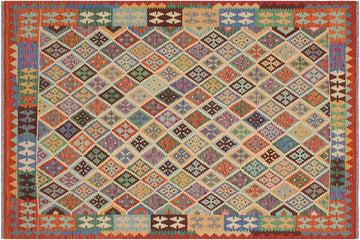 Flat Weave Kilim, Antique, Navaho, Vintage, Handmade, Geometric Kilim Beige Rust Hand-Woven Rectangle 100% Wool Area Rug 6 x 8